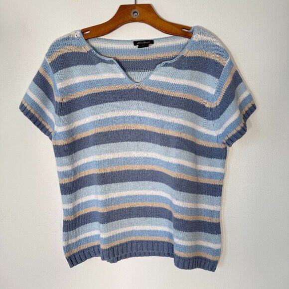 Eddie Bauer Blue Striped Short Sleeve Sweater Grandma Y2K XL - Picture 1 of 5